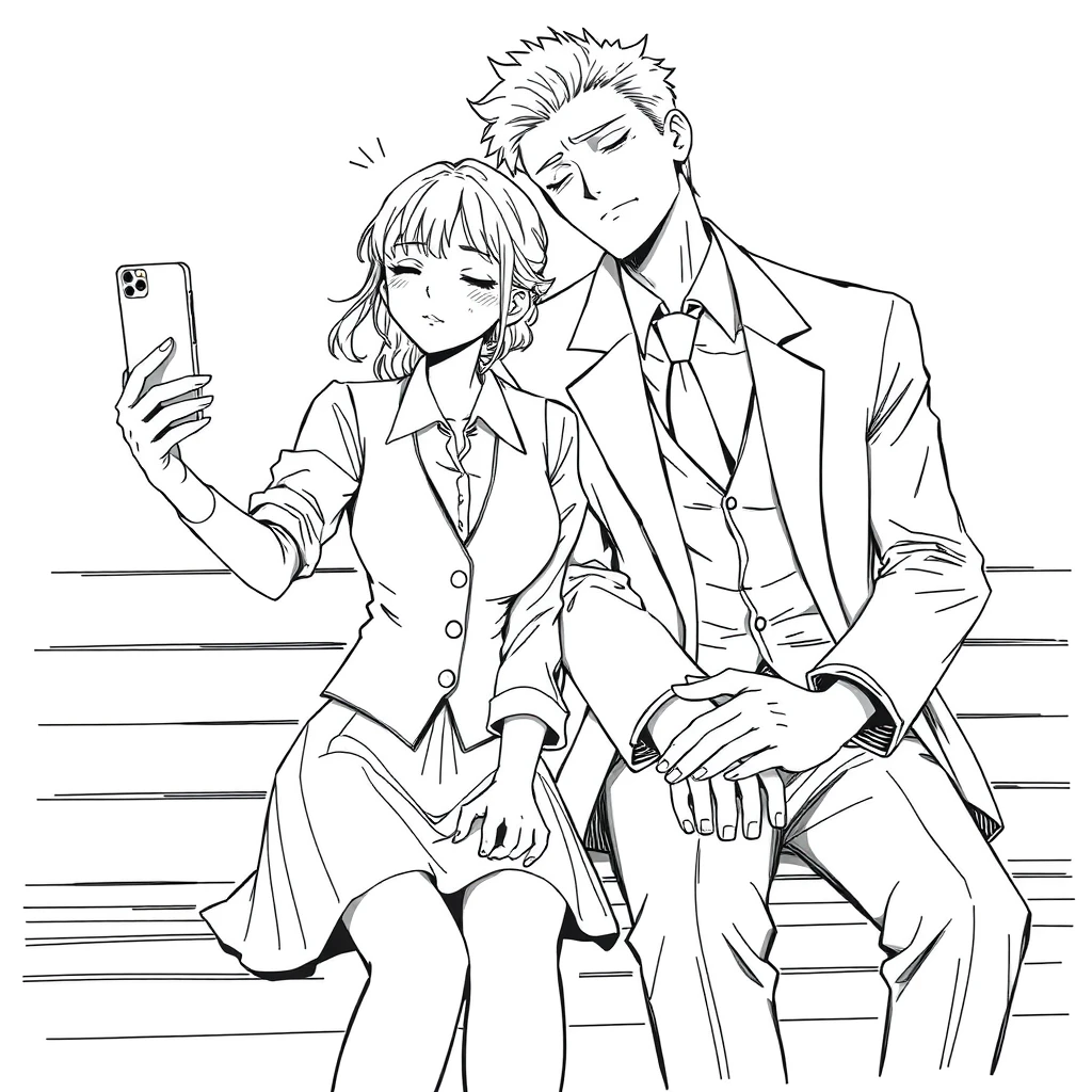 A girl in a shirt, vest, and skirt took a selfie with her phone. A tall, handsome boy in an open suit leaned on her shoulder; he closed his eyes and was sleeping. They sat on a bench with their hands intertwined. Lineart. - Image