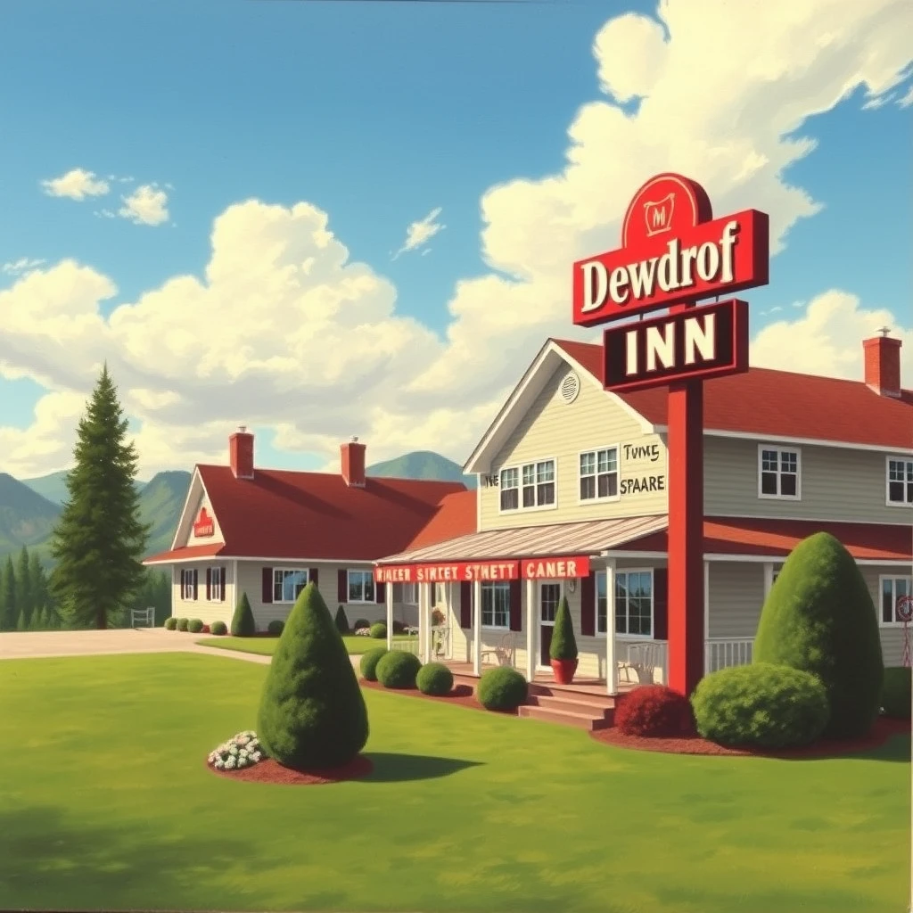 A Dewdrop Inn postcard from 1956, as painted by Arthur Sarnoff, wide, landscape view.