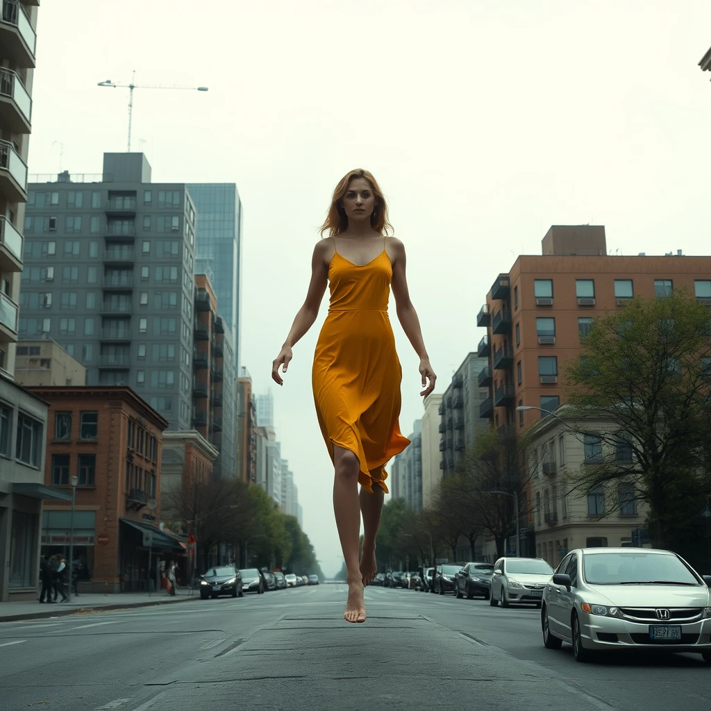 A 50-meter-tall giant woman walking through the city barefoot; she is taller than the building rooftops.