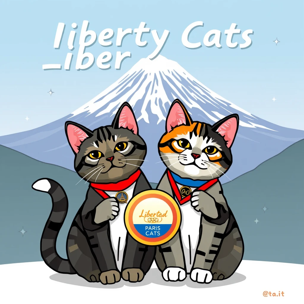 draw a pic with "Liberty Cats Congratulations chinese athletes " big text on the Mount Fuji backgroud,AND tow mosaic style cats  in front it together , carring a Paris Olympic gold medal  logo with text "Liberty Cats"
 - Image