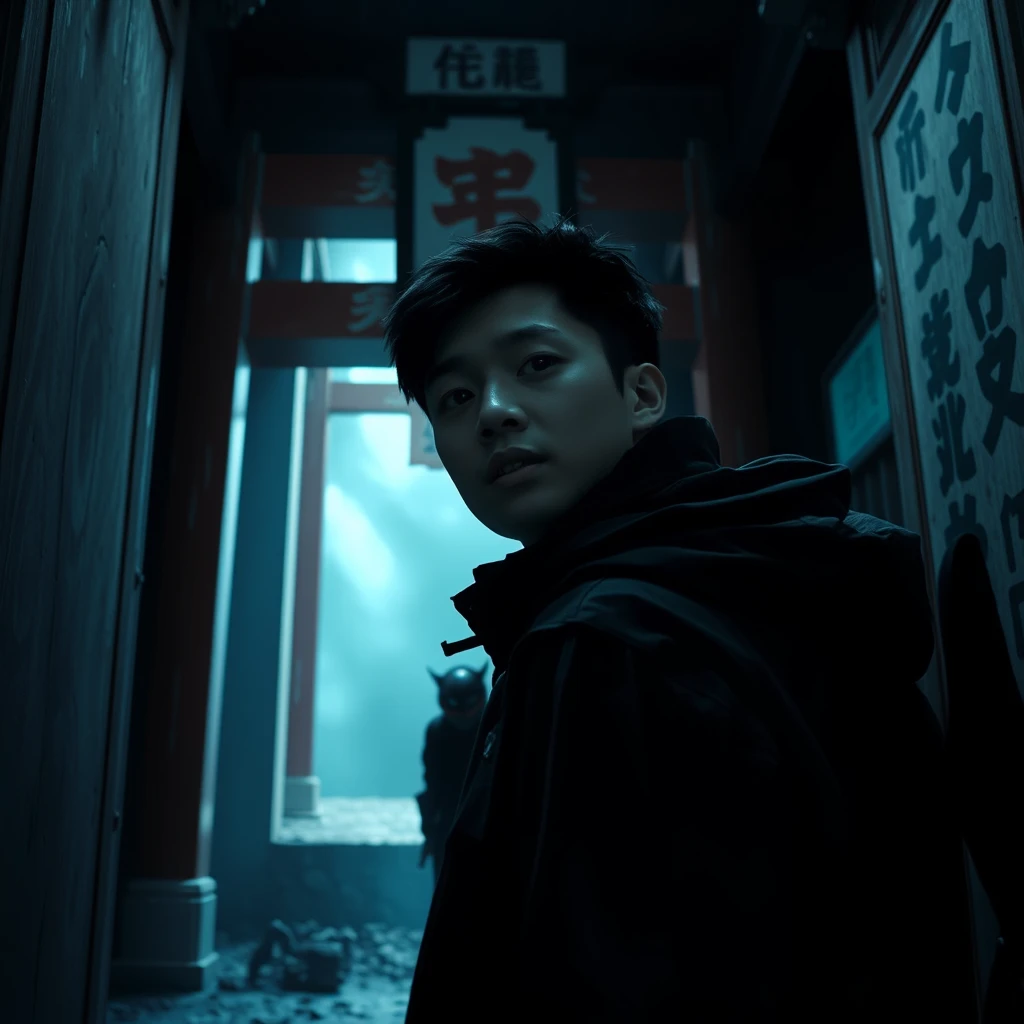 A young Asian man in a jacket is inside a Japanese shrine, surrounded by darkness. He appears curious and is looking at the viewer, while a young oiran is hiding behind him, preparing to attack. - Image