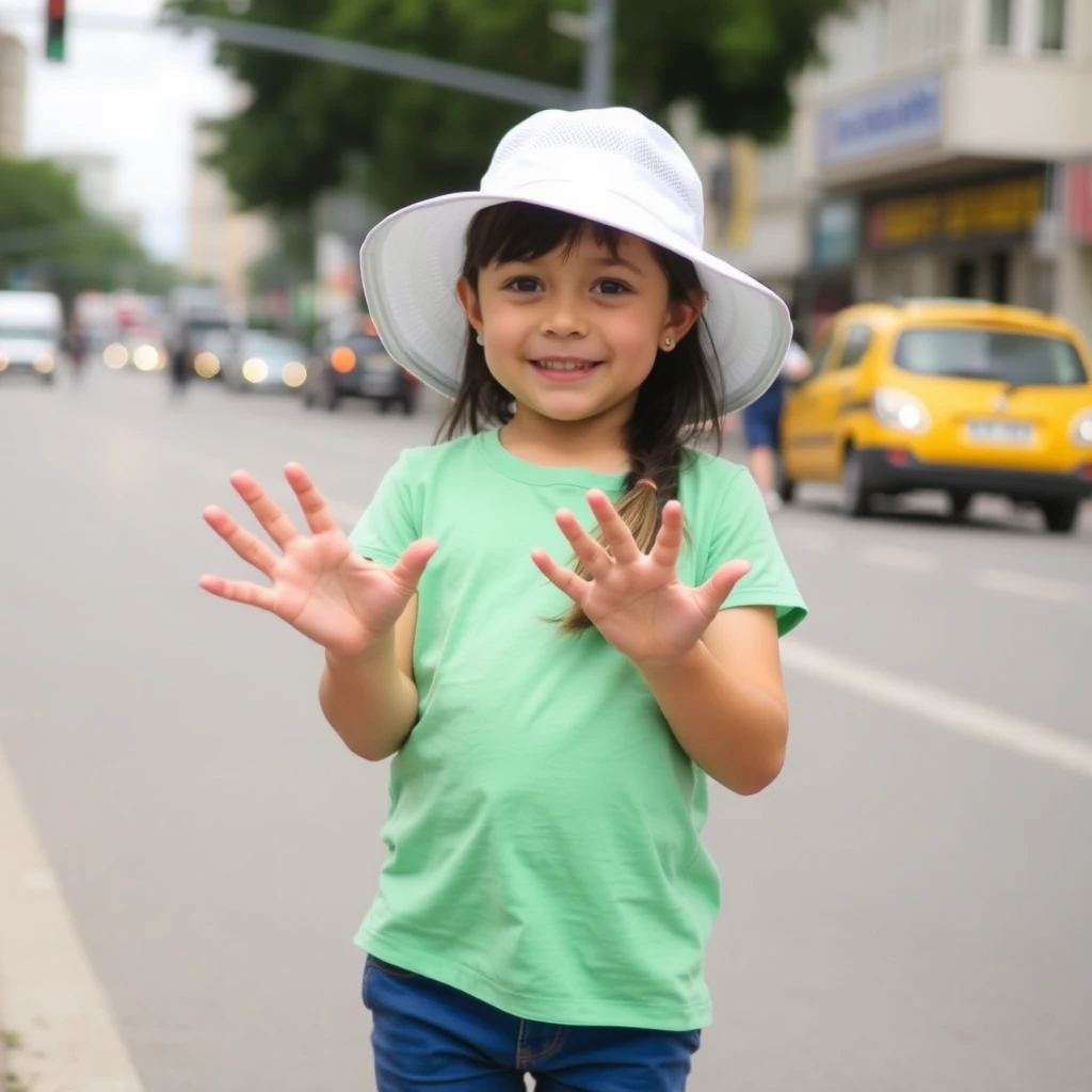 A 4-year-old girl holding her hands open in front of her, wearing a white sun hat, a green t-shirt, and blue pants, with a busy city street in the background and an overcast sky. - Image