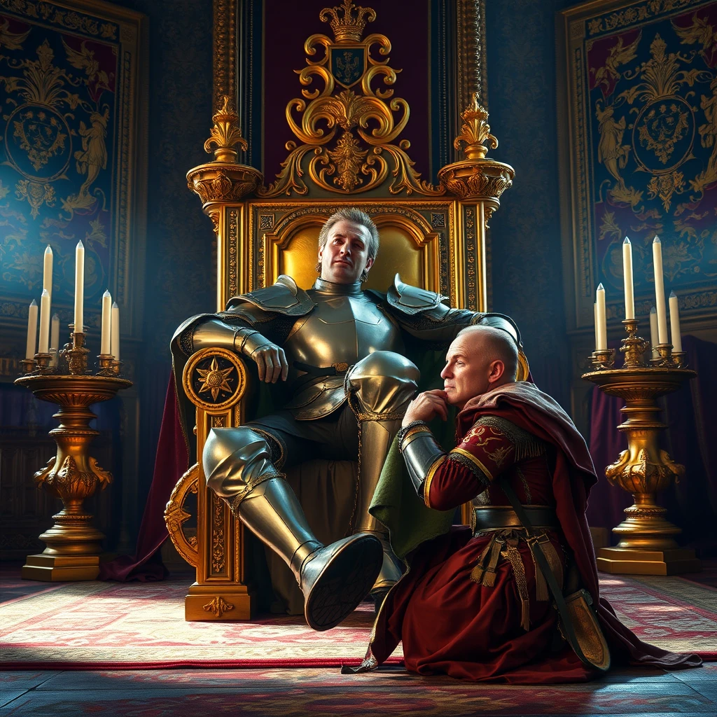 [Scene] A dramatically lit, richly detailed photograph capturing the opulent grandeur of a medieval throne room. Gleaming suits of armor, intricate tapestries, and a majestic golden throne dominate the scene.  
[Characters] A handsome, powerfully-built usurper in gleaming, ornate plate armor sprawls arrogantly upon the golden throne, his posture radiating dominance. A deposed king, his face etched with despair, kneels in tattered finery at the usurper's feet, pressing his lips against the conqueror's armored boot in a gesture of forced submission. - Image