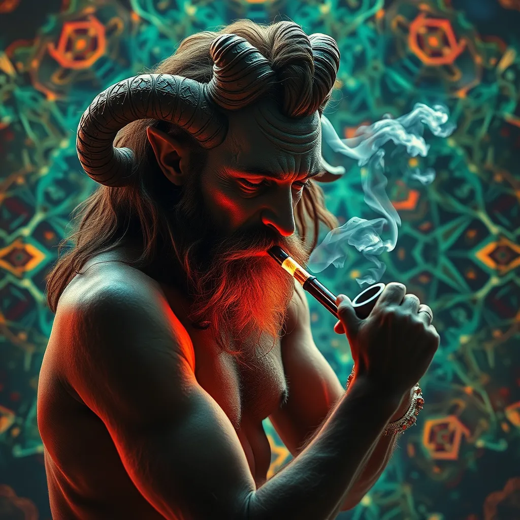 Satyr smoking DMT from a pipe and breaking through to another dimension full of geometric fractal patterns, HD photography.