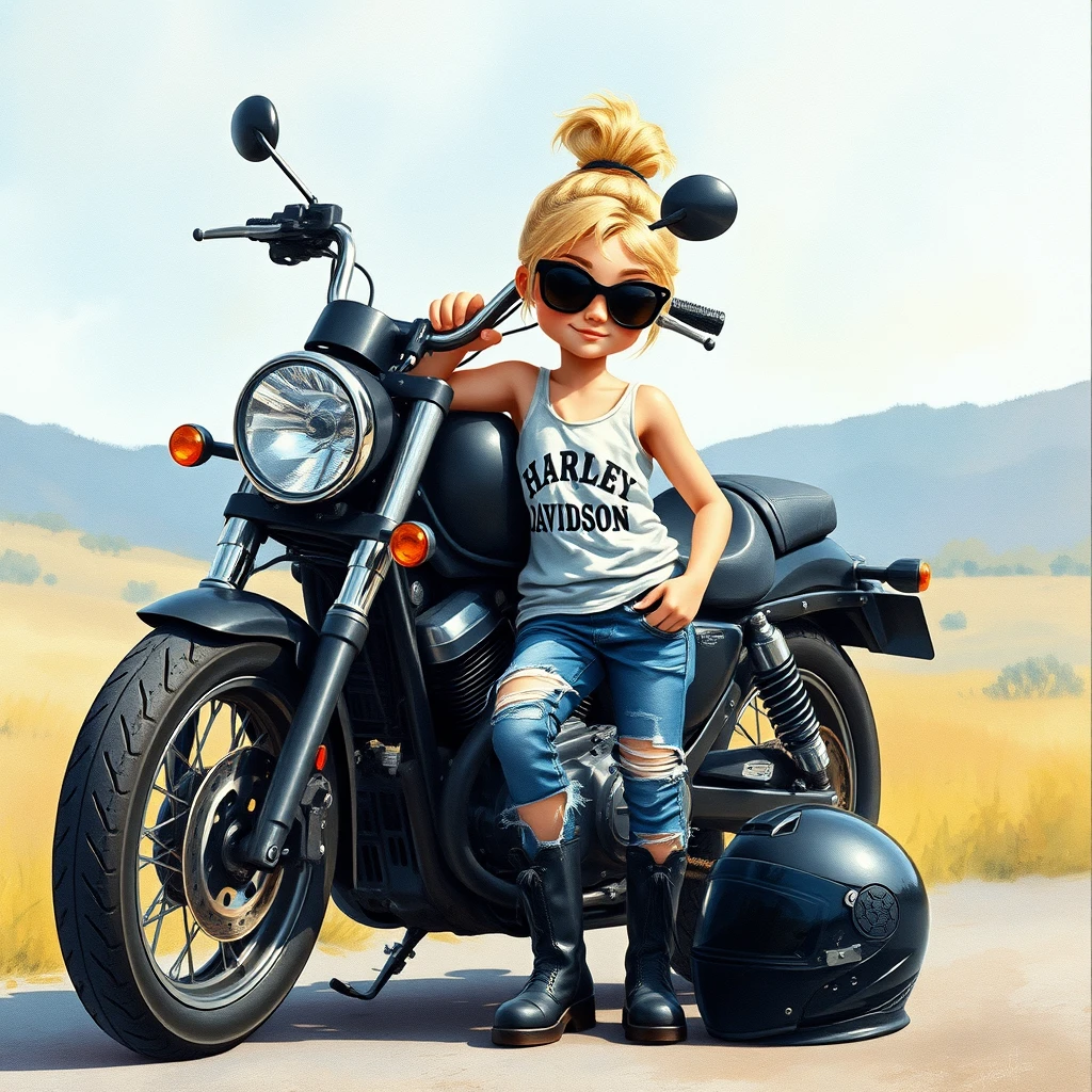 Hyper-detailed soft pastel watercolors and alcohol ink of a whimsical little sweet blonde leaning against her black motorcycle, wearing blue ripped jeans and a Harley Davidson white tank top, black riding boots, with her blonde hair in a messy bun, black sunglasses, and a little attitude, with her black motorcycle helmet on the ground beside her black motorcycle, set against a soft scenery background, textured painterly on canvas, resembling a cute animated movie image, in 3D and HD.