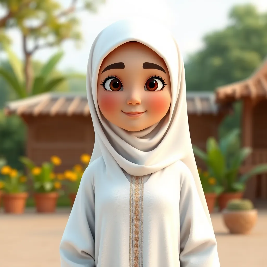 "Create a 3D animated cartoon of a Muslim woman from Palembang wearing a long white gamis. The character should be highly detailed with 8K resolution. Focus on traditional Palembang features and cultural elements." - Image