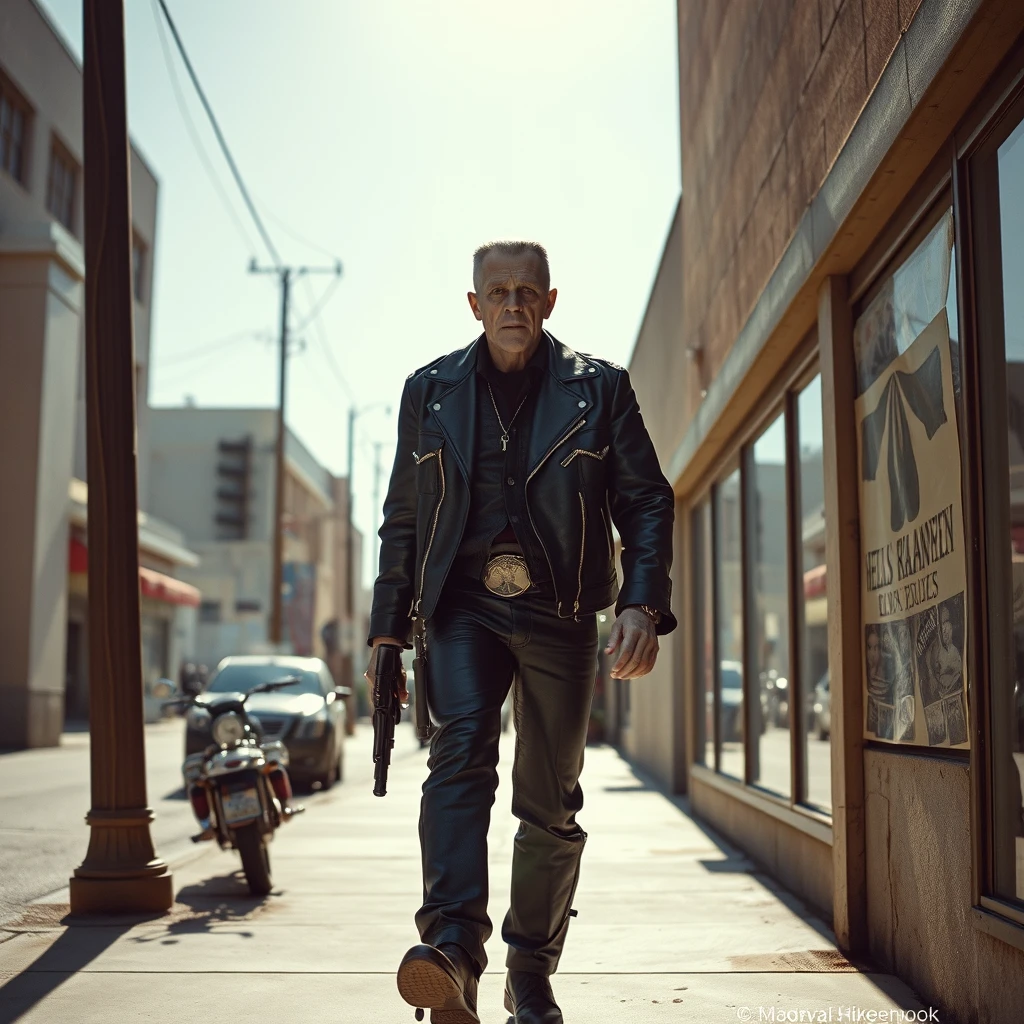 Boris Karloff as Frankenstein the Hells Angels biker, walks down the sidewalk, dressed in leather, wearing a cowboy pistol, the noonday sun is bright, photo-realistic, leering, aggressive, 4k. - Image