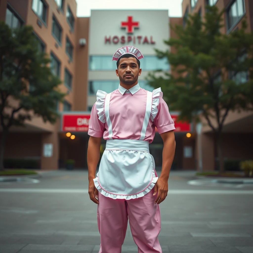 Drake wearing a pink maid costume standing and posing in front of a hospital. Realistic image. 20mm. No bokeh.