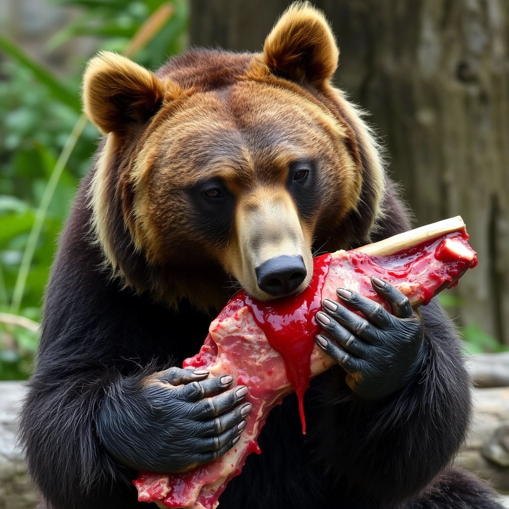 Bear eats fresh bloody meat. - Image