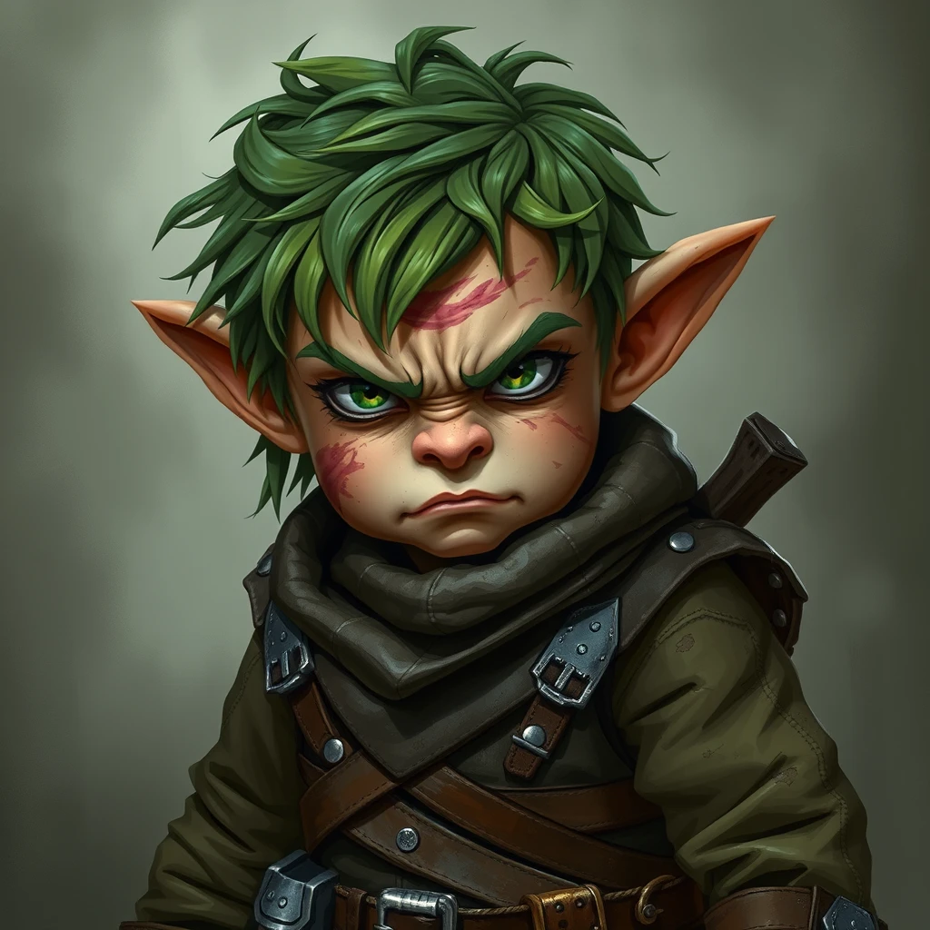 A small green-haired dirty halfling in a leather adventurer's outfit with a bruise on one cheek and a rough and untrustworthy atmosphere, angry.