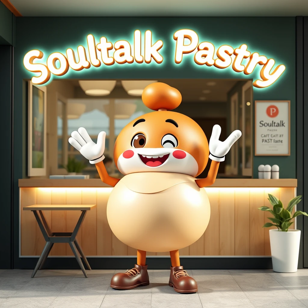 Create a realistic 3D mascot for a pastry cafe called Soultalk Pastry. The mascot should have body parts resembling a bun and be posed in inviting ways. - Image