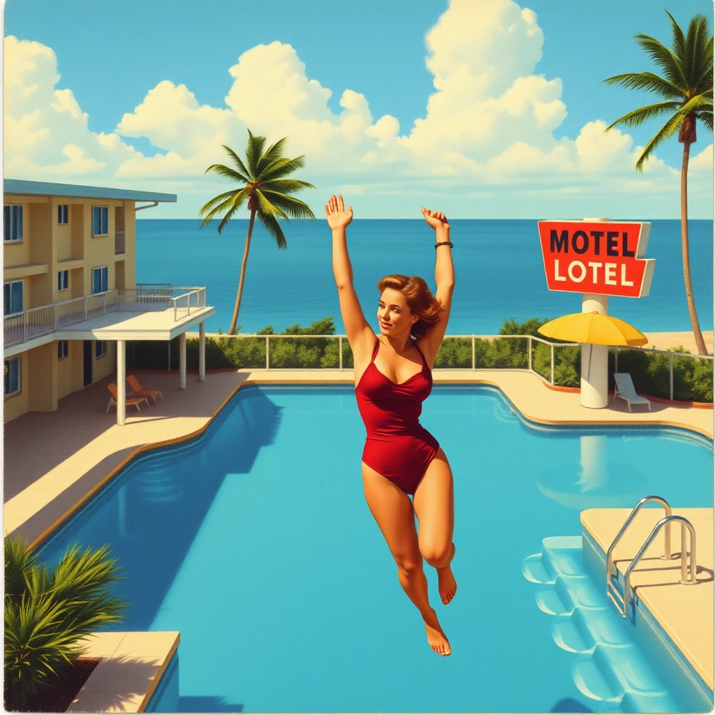 A Miami Beach postcard featuring a woman in a one-piece swimsuit, diving into a motel swimming pool, from 1956, as painted by Arthur Sarnoff, wide, landscape view.