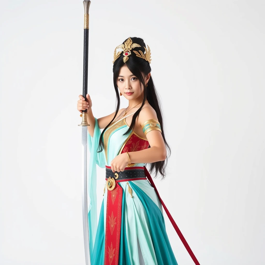 Chinese girl cosplaying as the daughter of the Nile, holding a sword, white background.