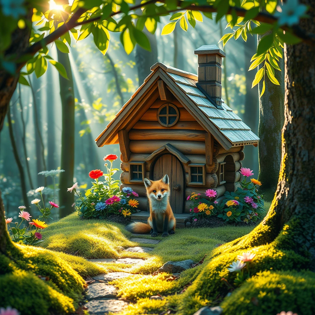 A whimsical fairytale shot of a cute fox sitting in front of a charming, little wooden house nestled in a magical forest. The scene is illuminated by soft morning sun rays filtering through the leaves, casting dappled light on the vibrant, colorful flowers surrounding the house. The forest is lush and enchanting, with hints of moss on the ground and tree trunks, creating a serene and inviting atmosphere. - Image