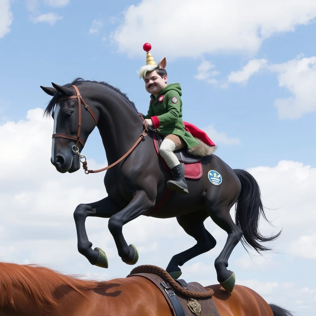 An anthropomorphic horse riding on the back of a man. - Image