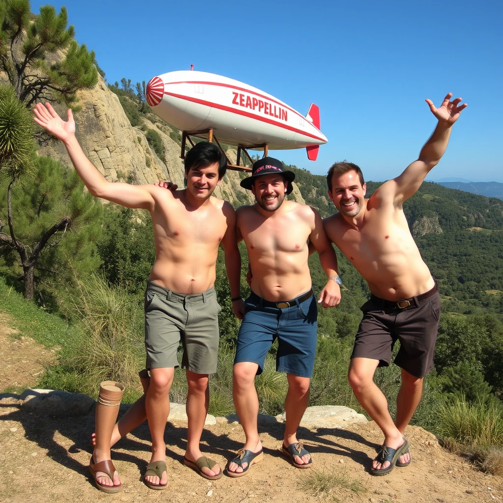 Four male friends having extreme fun in Pals, Catalonia. One has a zeppelin for a head. - Image