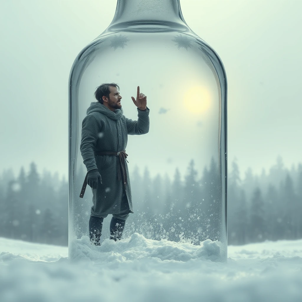 **Theme and Atmosphere**:  
“Helplessness: A man wearing thin clothing and appearing haggard stands within a giant transparent glass bottle, surrounded by snow both inside and out, creating a solitary and profound world.”  
  
**Background Setting**:  
- “The background features swirling snowflakes and the vague outline of a forest, dominated by pale blue and gray tones, evoking a cold and desolate atmosphere.”  
- “In the distance, the blurred silhouette of a snowy forest is faintly discernible, adding depth to the scene.”  
  
**Glass Bottle and Snow Scene**:  
- “The glass bottle is represented with a transparent quality, filled with pristine white snowflakes, rich in detail and distinct in layers, resonating with the external snowflakes.”  
- “The edges of the bottle can be appropriately blurred to enhance the sense of transparency and spatial depth.”  
  
**Character Depiction**:  
- “The man is dressed in thin clothing, showing a haggard face and deep-set eyes, pounding on the glass bottle while gazing at the distant hazy sun. His struggle and resistance should be reflected, yet conveying an overwhelming sense of helplessness.”  
  
**Emotions and Meaning**:  
- “The entire composition aims to convey a beauty of helplessness and loneliness, allowing the viewer to feel the harmony between the man's inner world and the external environment.”  
- “Through the metaphor of the glass bottle, one can explore the barriers and connections between the individual and the outside world, as well as the insignificance of a person in the face of life.”  
  
**Details and Decorations**:  
- “Pay attention to the handling of light and shadow effects, utilizing the light reflected by the snowflakes to enhance brightness and depth in the composition.”  
- “Without compromising the overall atmosphere, small decorative elements can be added, such as falling snowflakes and vegetation in the cold wind.”  
  
**Style and Techniques**:  
- “Please use delicate and emotionally expressive brushstrokes for the creation, focusing on the harmonious combination of color and light.”  
- “In terms of composition, be mindful of the balance and contrast, ensuring the scene is both stable and dynamic.”