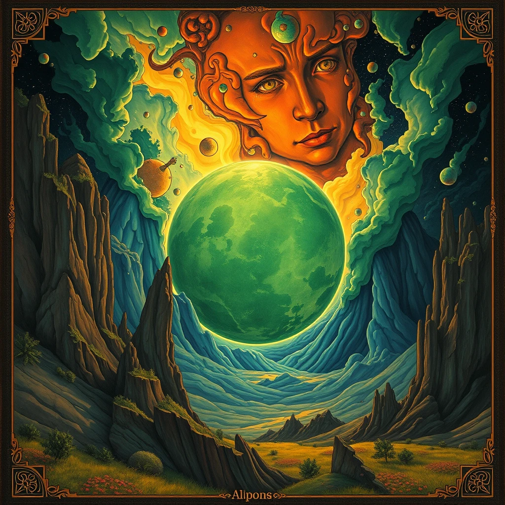 "The art of Alphonse Mucha, with a green planet in the center, rendered, beautiful scenery, dramatic colors." - Image