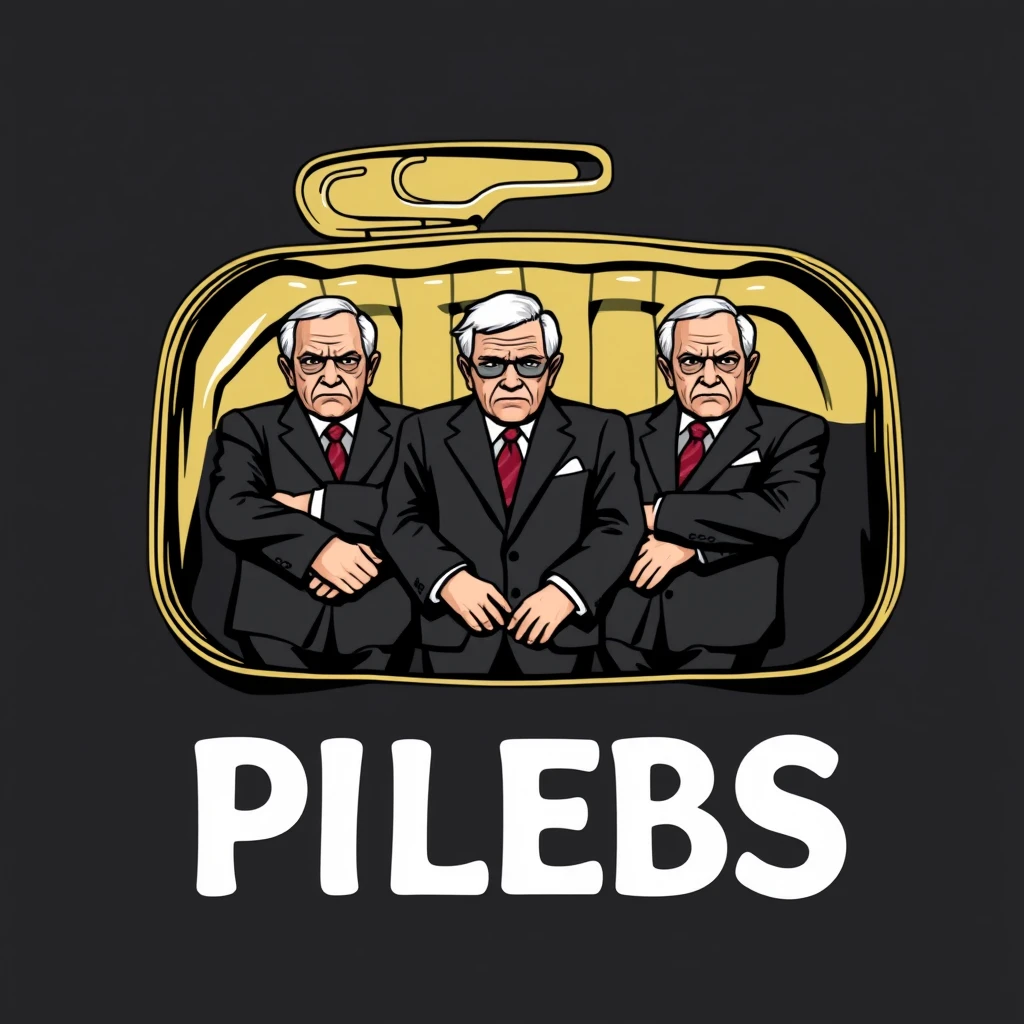 A playful t-shirt design featuring an open sardine can with a twist-off top, containing five live, wealthy older men standing shoulder to shoulder in business suits, all scowling, with the text "PLEBS" underneath, viewed from the front.