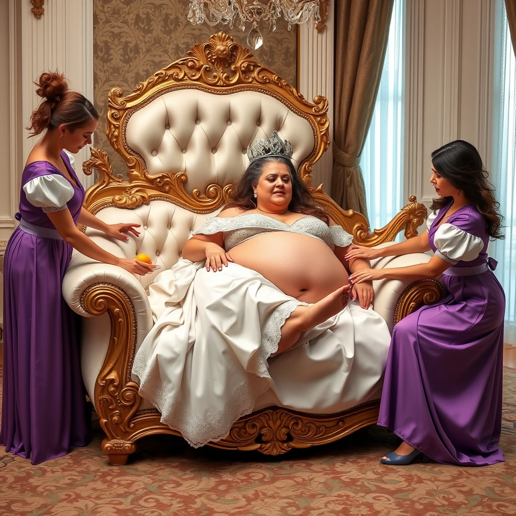 The beautifully curvy queen lies on a luxurious and exquisite lounge chair, while her maids either massage her big belly, feed her fruit, manicure her nails, or give her foot rubs. - Image