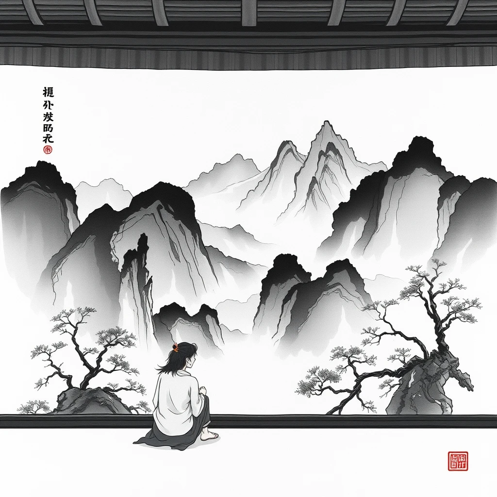 Sitting in front of the Chinese landscape ink painting, anime.