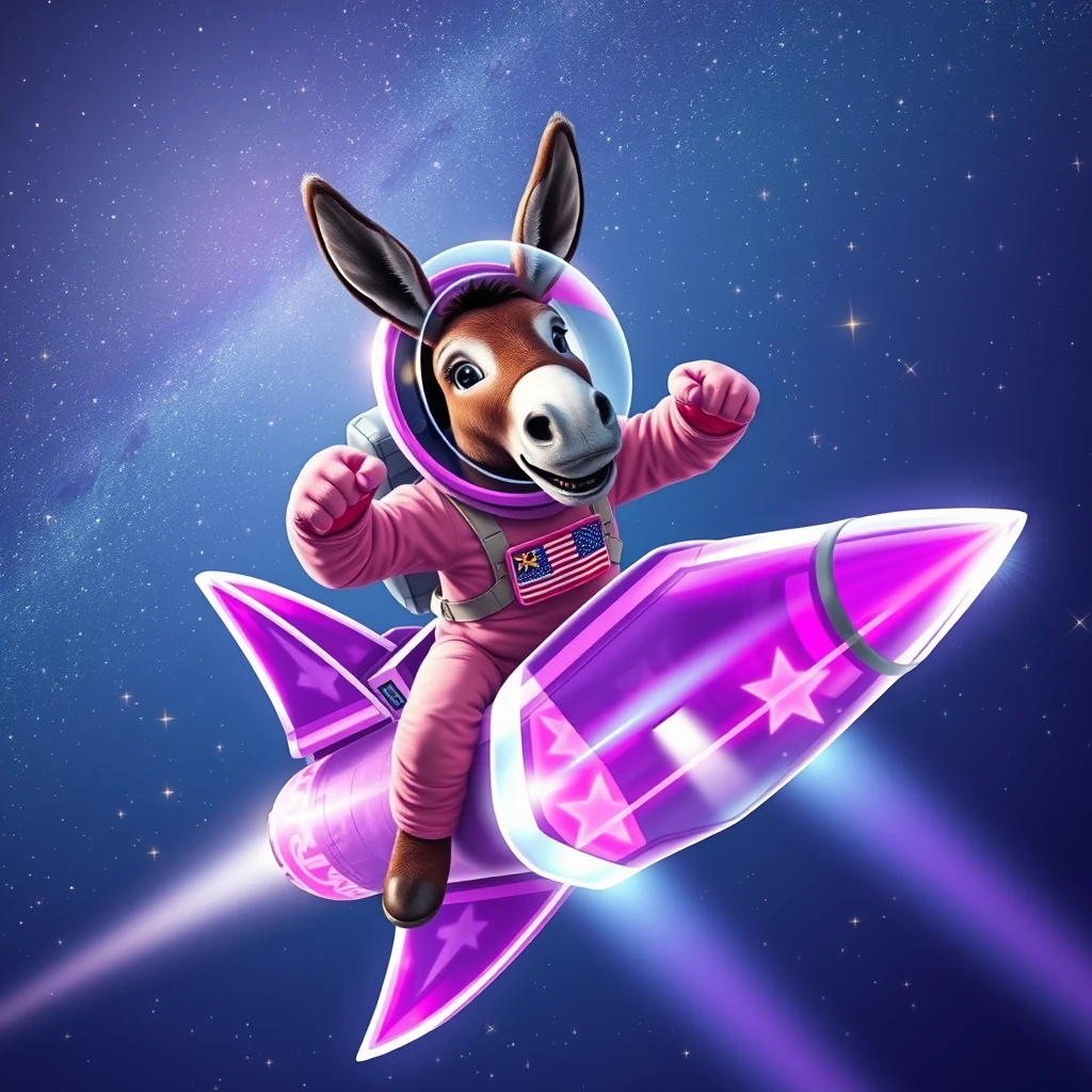 An ambitious donkey wearing pink astronaut costume, riding on a crystal light purple stunning spaceship, making a punching gesture, flying to the outerspace under a clear night sky with lots of shining stars. Realistic style.