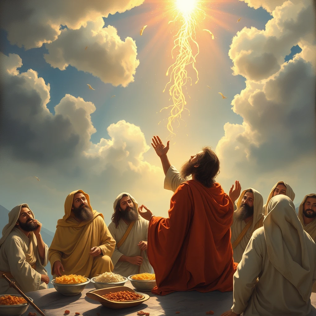 'Prophet Jesus (AS) praying to Allah, bringing down dishes from the sky, along with twelve of his disciples (Hawariyyun).' - Image