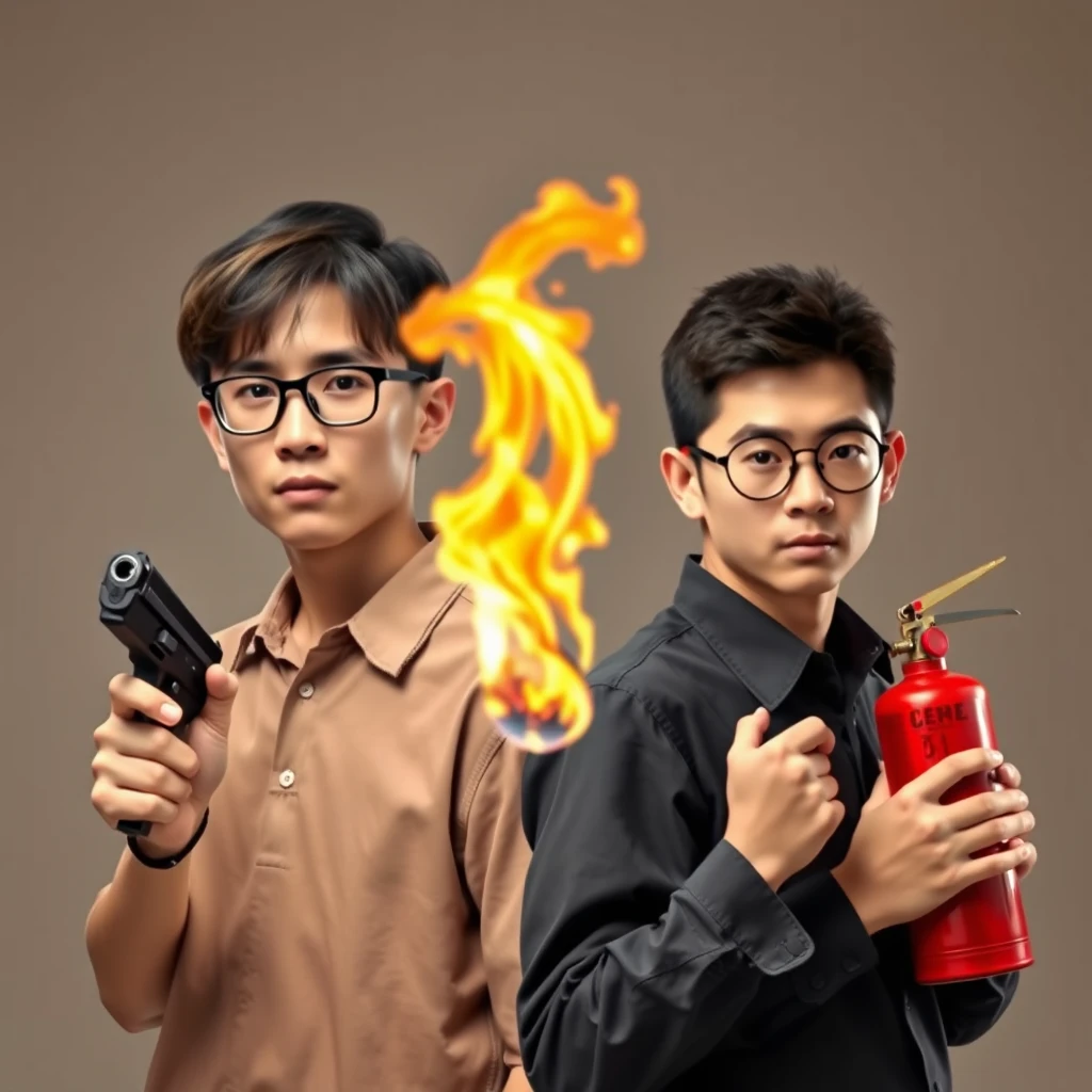 21-year-old white Chinese man with square glasses and medium-length hair holding a pistol; 20-year-old white Italian man with round prescription glasses and short hair holding a flamethrower made from a large fire extinguisher. - Image