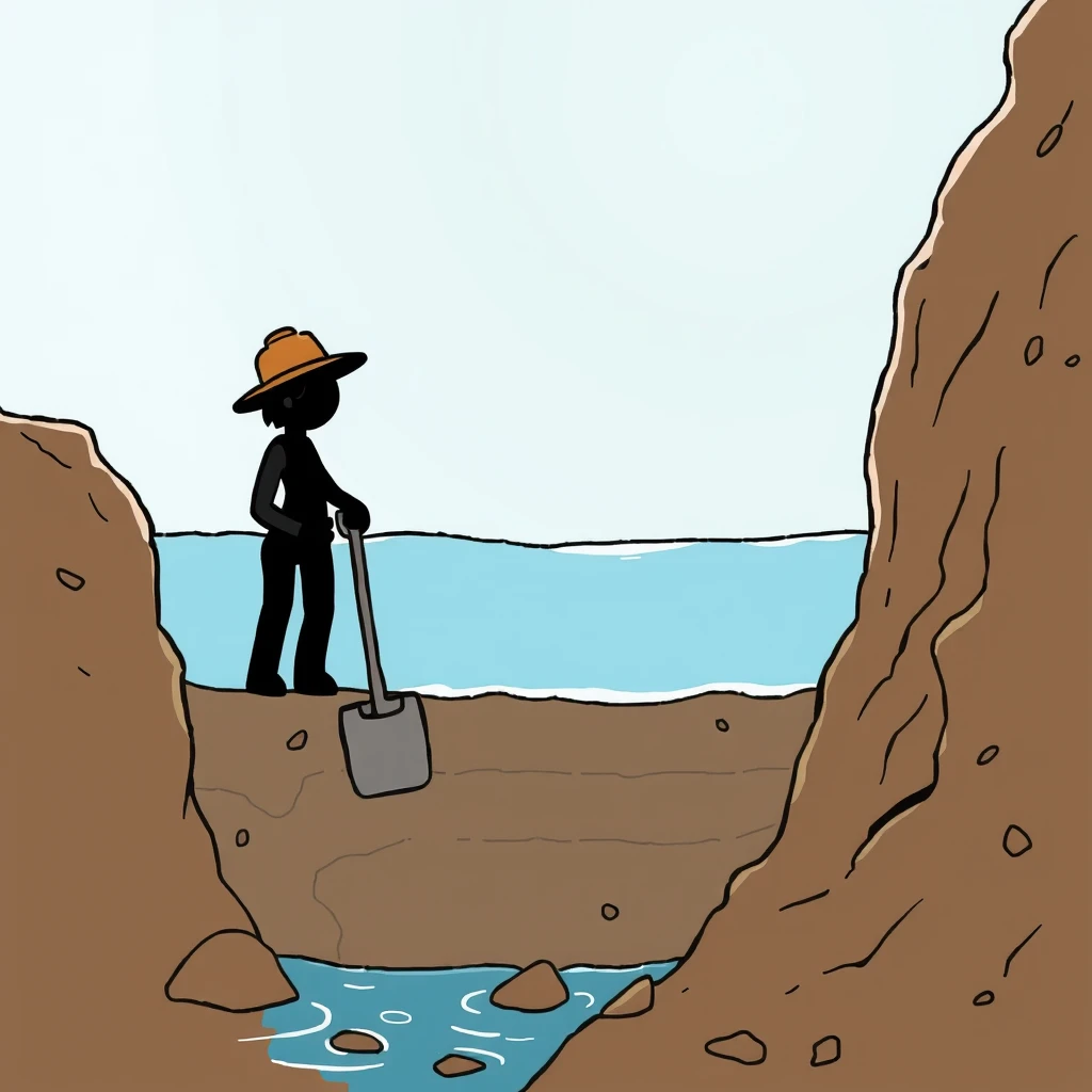 /image prompt: figure, miner, hat, shovel, line drawing, cross-section, underground, water level, dig several times, almost touch water, perseverance, HD, 16k --ar 16:9 --v 6.0/ - Image