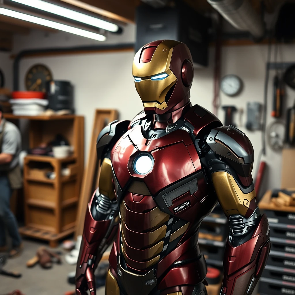 Create a picture of a man building an Iron Man suit from scratch in his own garage. I'd like to see the suit in separate pieces, being built by a human.