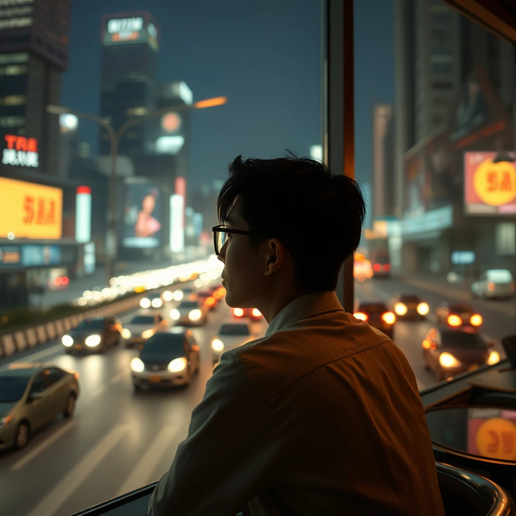 "During the late-night rush hour, an office worker sits inside a restaurant by the window, looking out at the city's nightscape and traffic, in a cyberpunk style."