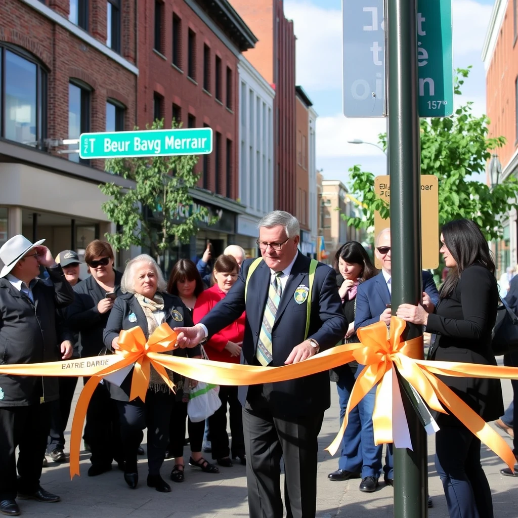 Downtown Barrie, Ontario, a mayor opens a new street.