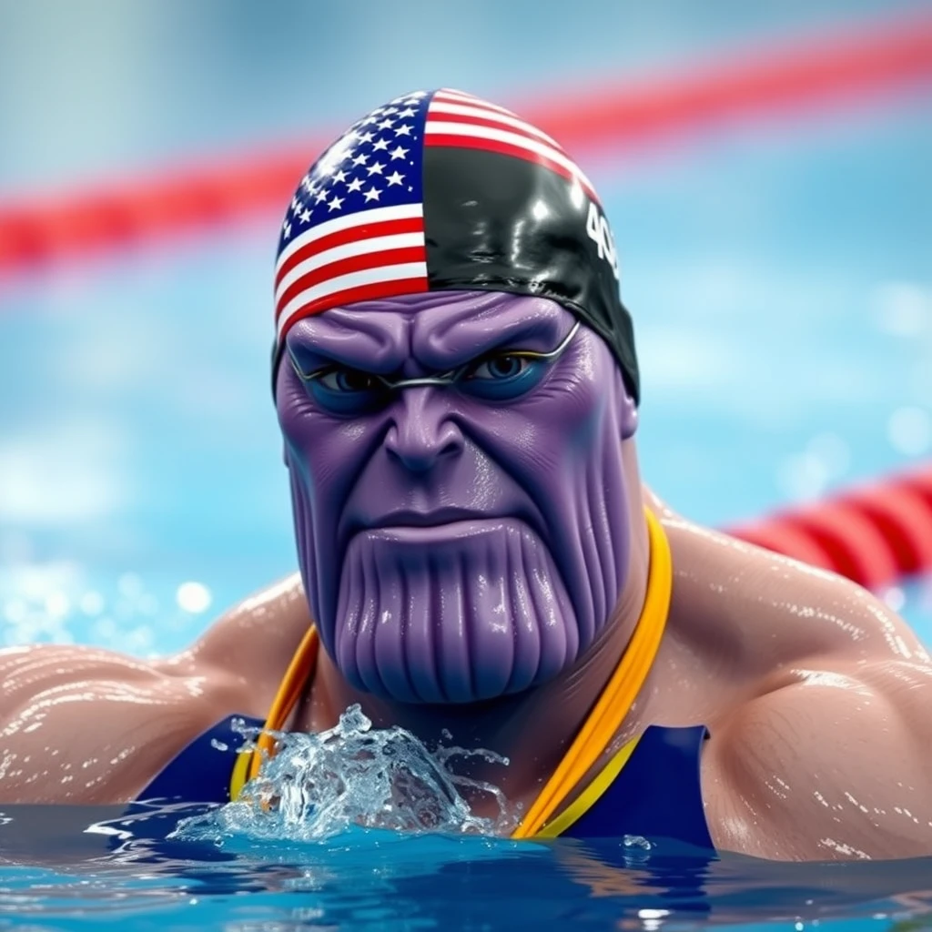 "The purple-faced Thanos participates in the Olympic swimming event, wearing a swimming cap with the American flag."