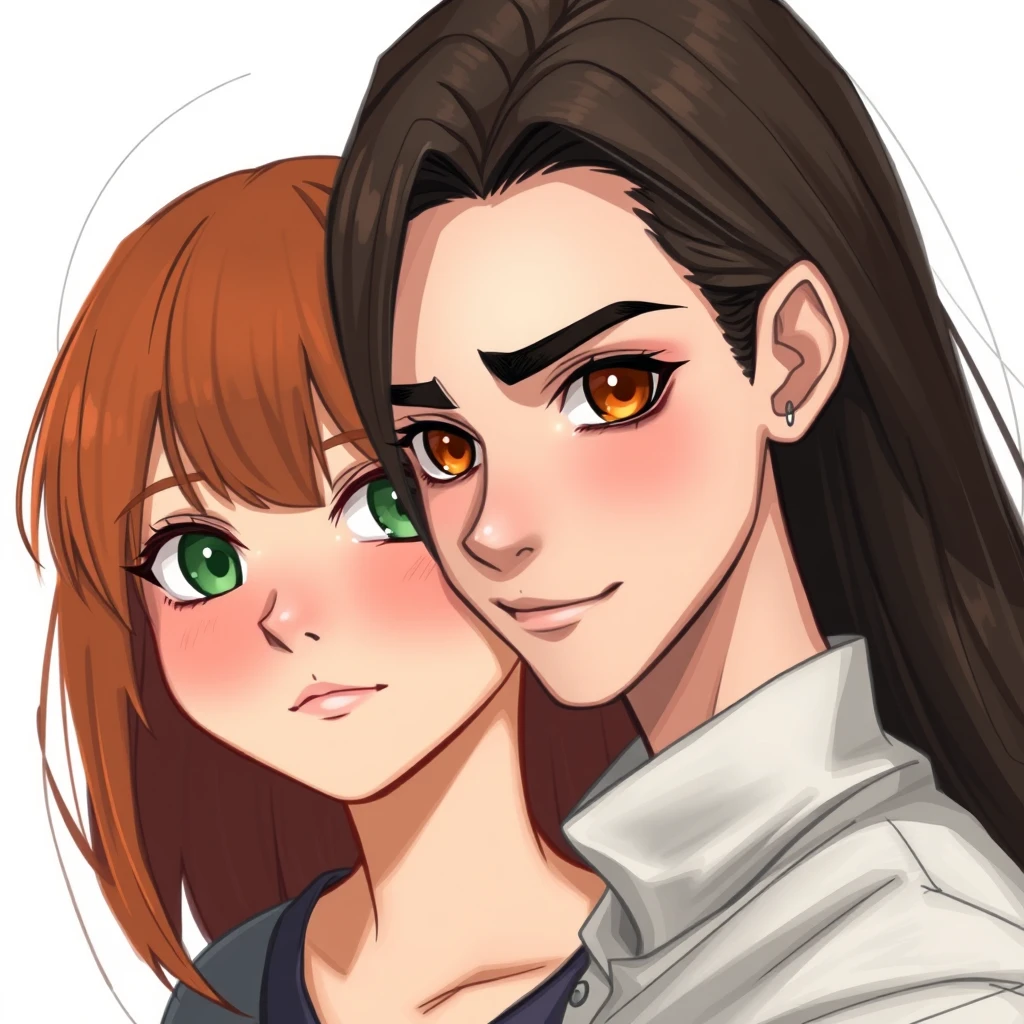 Realistic art style, young guy, long dark brown hair parted in the middle, sharp facial features, smirk, pale skin, light brown eyes, thick eyebrows, long eyelashes next to a cute white ginger girl, small nose, pink lips, green eyes, long bangs. - Image