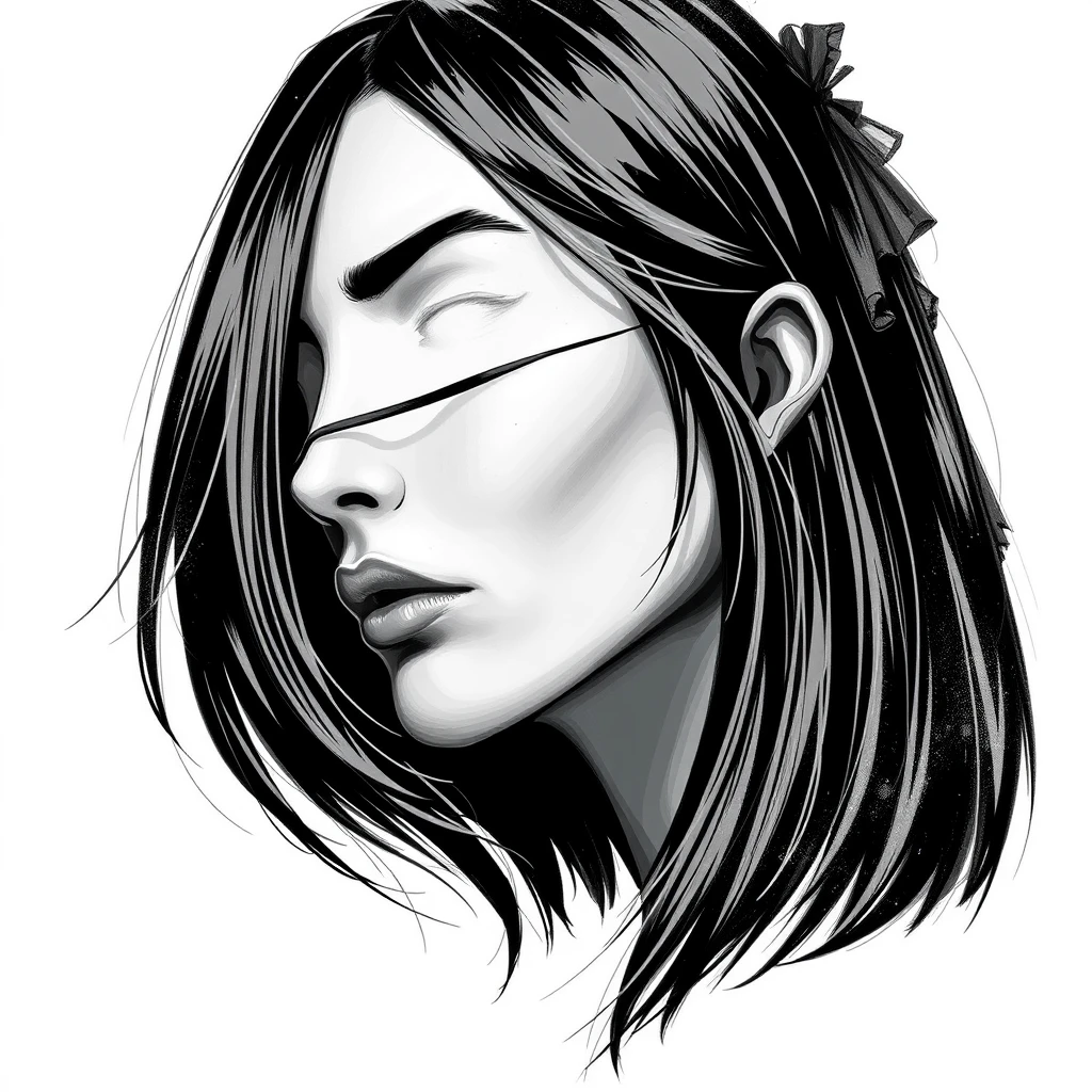 Blind Justice female face, side face, Straight hair, black and white color - Image