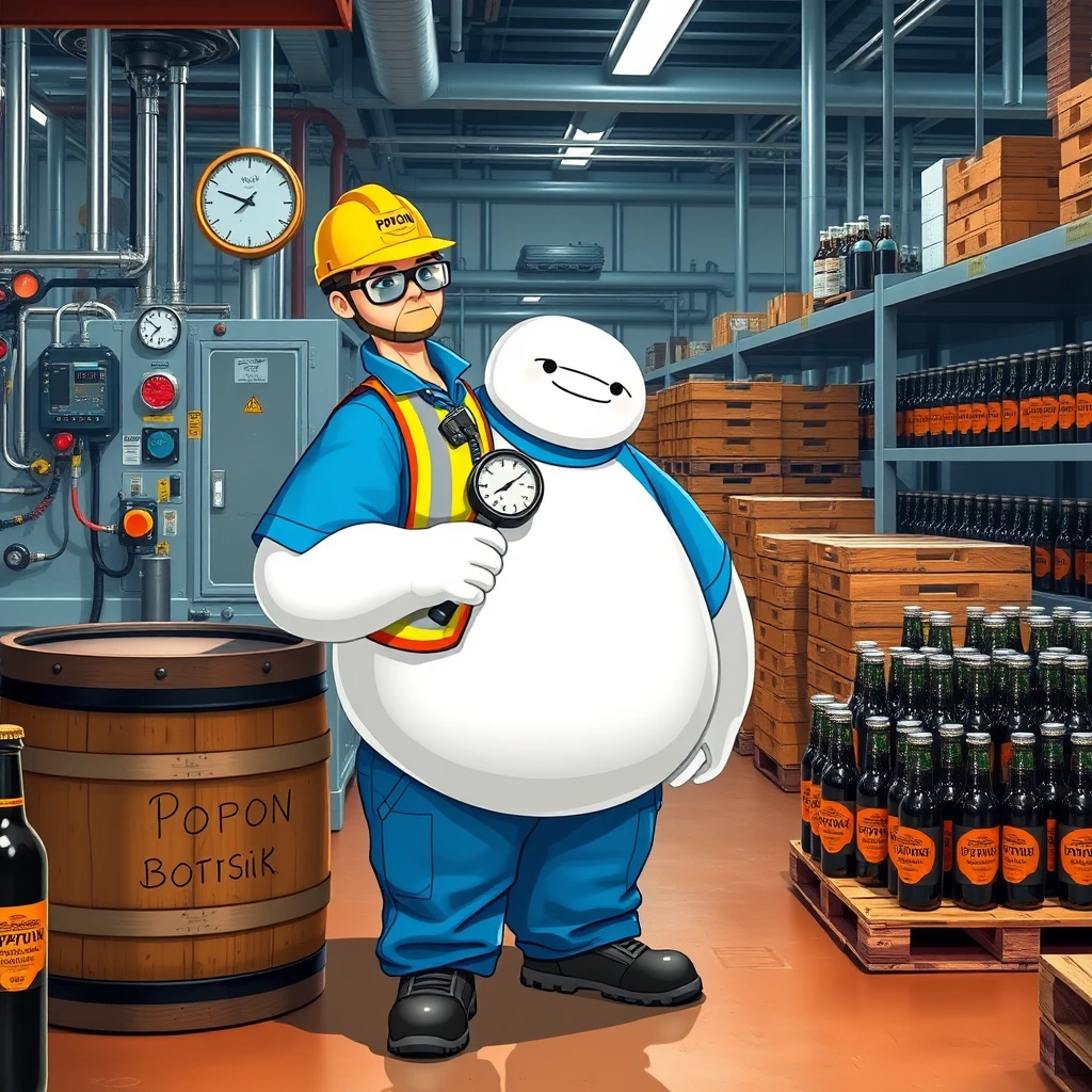 Baymax is measuring bottles with a gauge in the quality control and inspection area of a beer bottling plant, surrounded by machinery, a barrel, gauges, measuring instruments, pallets, beer bottles, wearing a blue polo shirt that covers his entire torso, safety elements, a reflective vest, safety footwear, a walkie-talkie, industrial safety goggles, blue cargo pants, and a yellow helmet that has the word POPON written on it. The polo shirt has the word POPON written on it. - Image