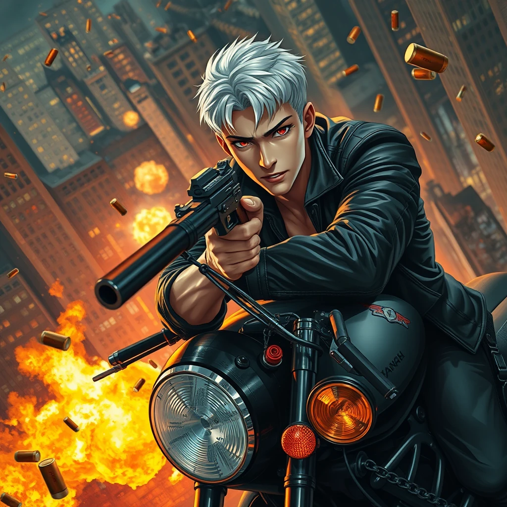 An adult male leaning on a black motorcycle, holding a gun aimed at the camera, with short white hair, red eyes, a black leather jacket, a muscular figure, a playful gaze, city night scenes, high altitude, flames, explosions, black series, flying bullet shells everywhere, roses and thorns, iron chains, movie level lighting, thick painting style, ultimate color application, oil painting texture, Van Gogh style, Impressionist style, delicate brushstrokes, unclear lines, brilliant colors, soft light and shadow.