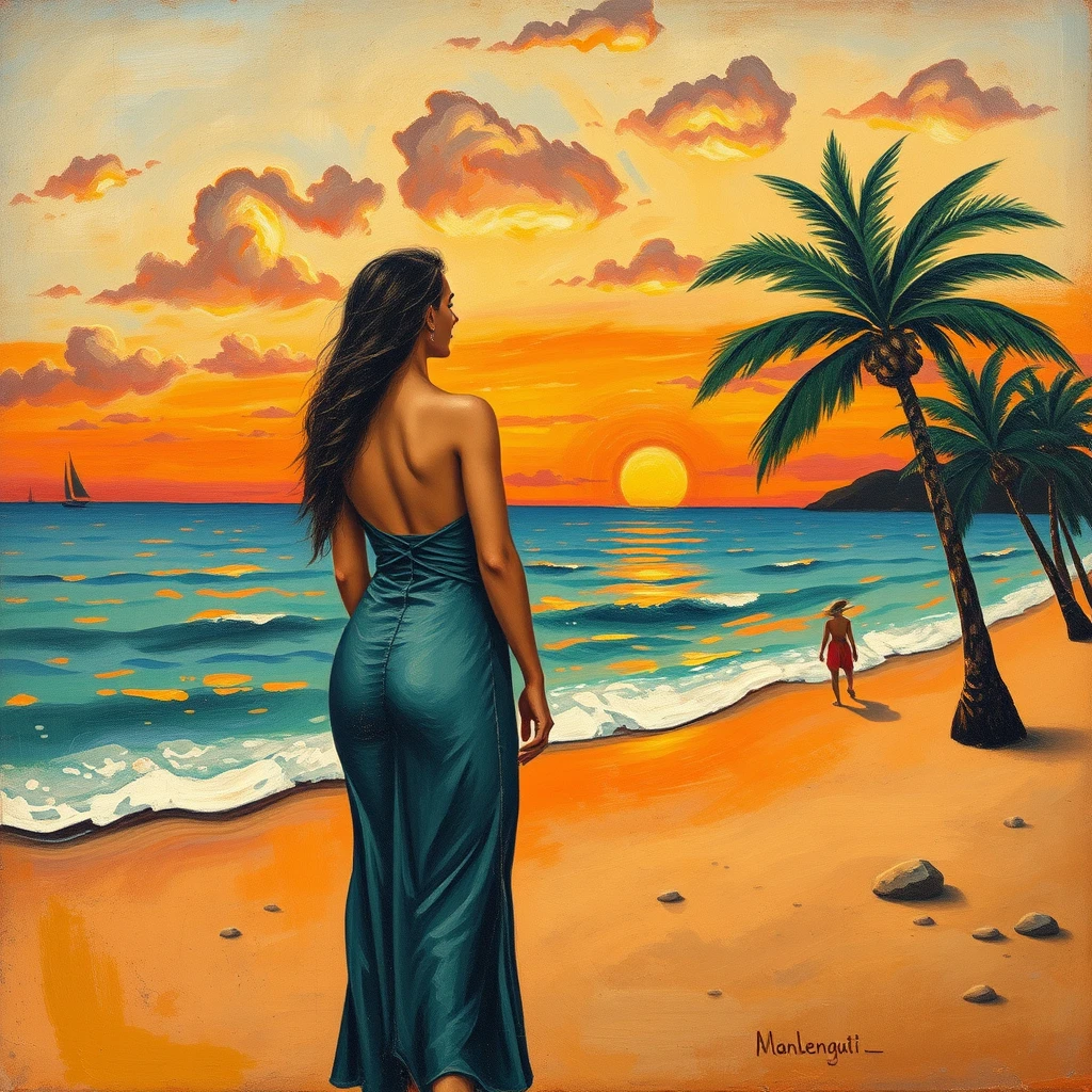 An old oil painting in the style of Gauguin with women, beach, sea, sunset, palms. - Image