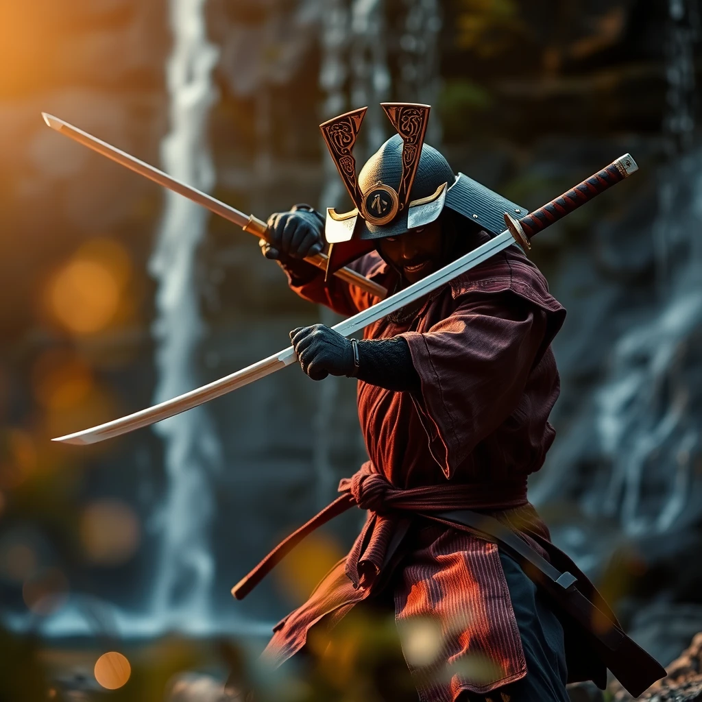 An aggressive samurai swinging his katana, at a waterfall, bokeh, foreground blur, golden hour, intricate detail. - Image