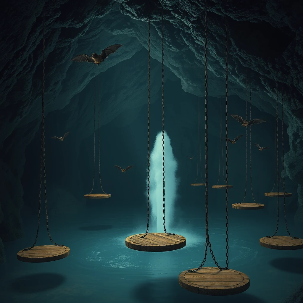 A cavern, dimly lit. There is water filling the bottom of the cavern and a geyser is erupting. Hanging from the ceiling are a series of chains with round wooden platforms at the end of the chain that are suspended above the water. Bats are flying around.