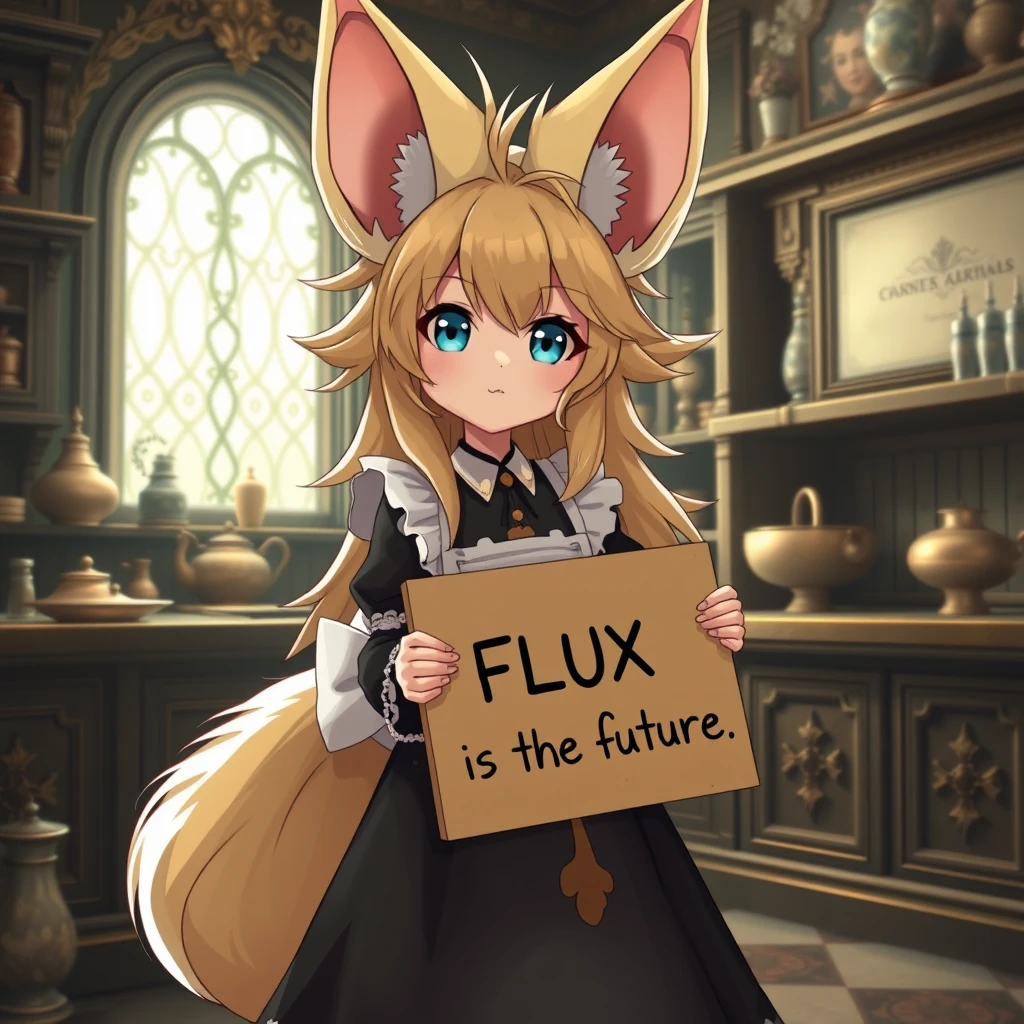 Cute anime girl with massive fluffy fennec ears and a big fluffy tail, blonde messy long hair, blue eyes, wearing a maid outfit with a long black dress featuring a gold leaf pattern and a white apron, holding a cardboard that says "FLUX is the future." In the kitchen of an old dark Victorian mansion with a bright window and very expensive items everywhere.