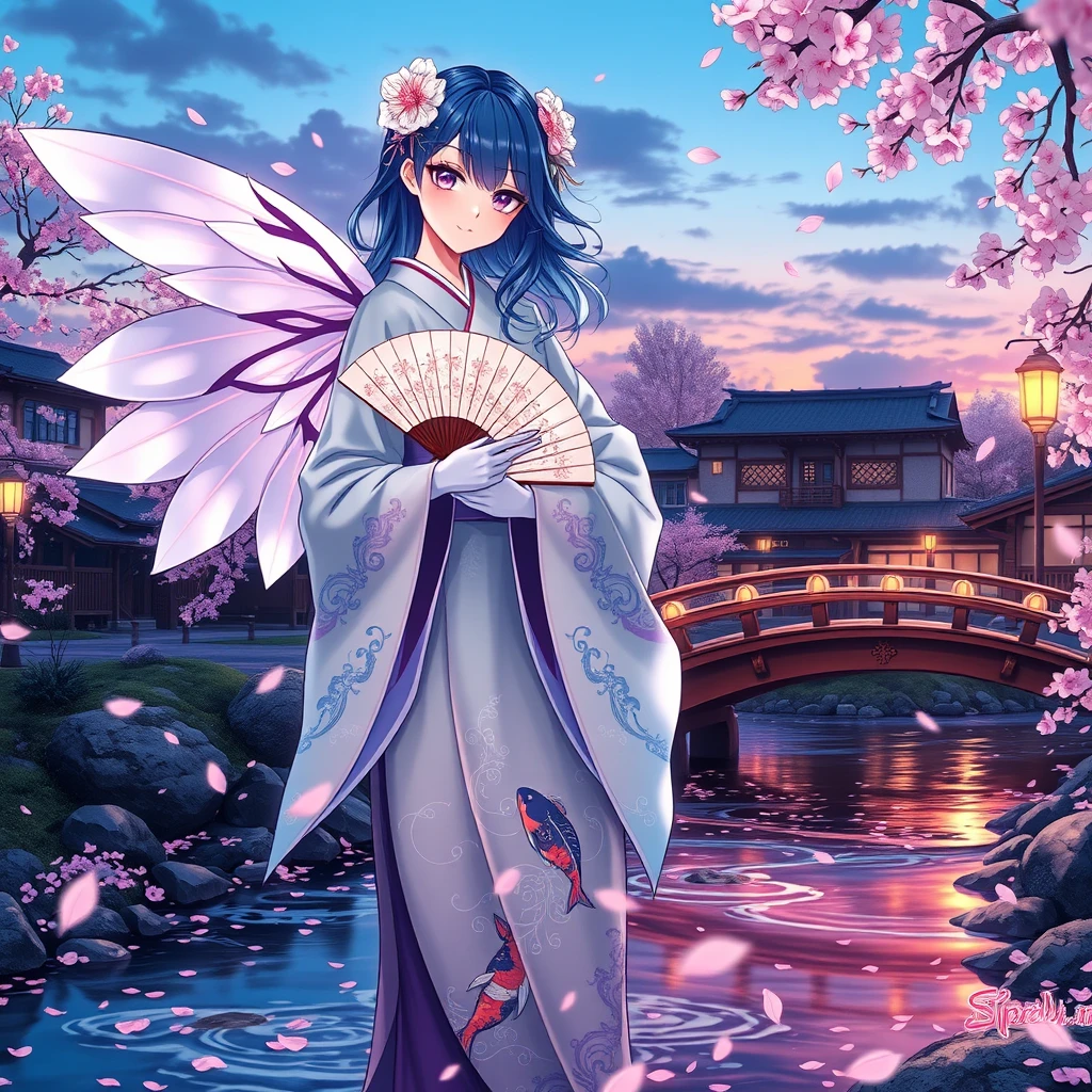 Envision an anime goddess with sapphire blue hair cascading down, framing her lavender eyes that sparkle under the twilight sky. She stands in a traditional kimono, its fabric a blend of moonlight and oceanic hues, adorned with intricate cherry blossom and koi fish motifs. Translucent wings shimmer with pastel hues, fluttering gently in the evening breeze. Her hands are gloved in elegance, reaching her elbows with cherry blossom embroidery.

She holds a fan made of cherry wood, inlaid with mother-of-pearl, reflecting the setting sun's soft light. At her feet, a brook babbles, speckled with fallen petals, leading to a gracefully arched wooden bridge. The ancient Japanese village in the background is bathed in the warm glow of lanterns, casting long shadows that dance with the falling petals. The air is filled with the scent of sakura, accompanied by the enchanting melody of a distant koto. This serene landscape is a testament to the delicate interplay of light and shadow, the tranquility of the moment, and the ethereal elegance of the anime goddess.
