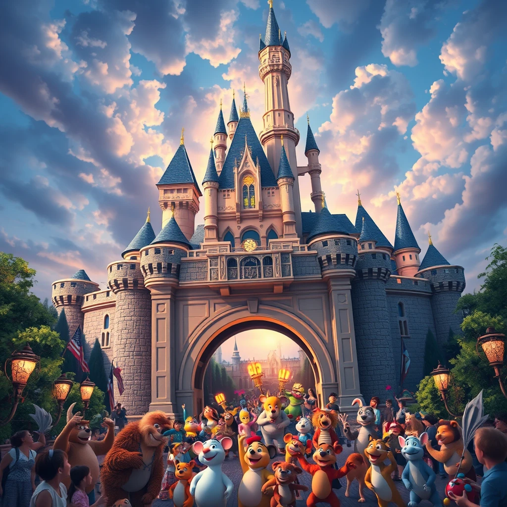 A majestic high-angle shot reveals the bridge, now a Disney castle-like structure, with animals celebrating below in a jubilant scene filled with Disney's signature magic and color.