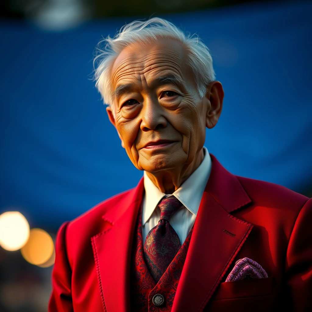 An elderly Malay man, wearing a tailored red-blue suit, intricate details, bokeh, golden hour.