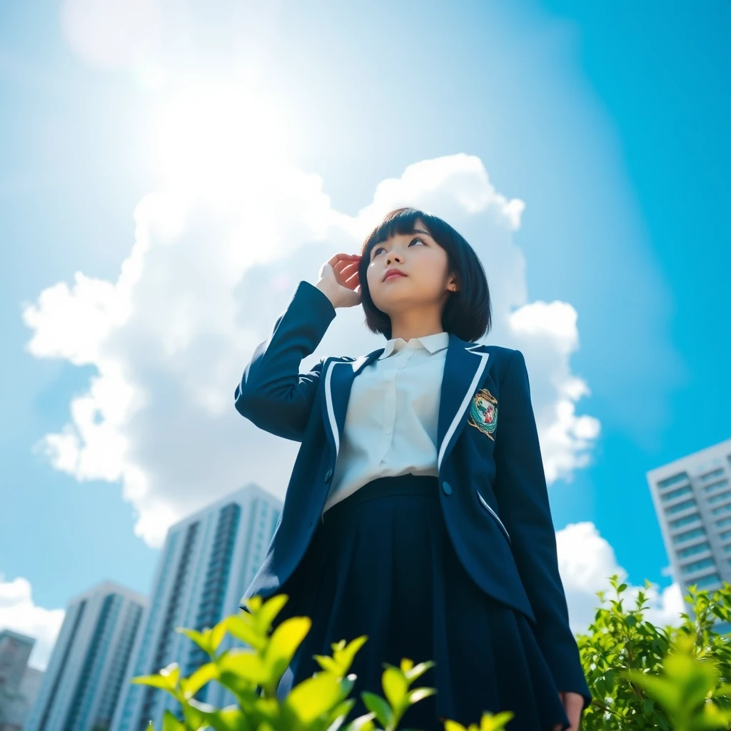 A Japanese high school girl with short black bob hair, wearing a traditional Japanese school uniform consisting of a white blouse, a navy blue skirt, and a navy blue blazer with a school emblem. She is standing outdoors under a bright blue sky with large, fluffy white clouds. The background includes a cityscape with modern high-rise buildings. The composition captures her from a low angle, emphasizing the vast sky and clouds behind her. The sun is visible in the upper left corner, creating a strong lens flare effect. The girl is looking up and slightly to the side with a serene expression. She is not holding anything above her head. The lighting is bright and creates high contrast, typical of a sunny summer day. Some green foliage is visible in the foreground, likely from trees or bushes. The overall scene has a crisp, clean aesthetic with vivid colors, capturing the essence of a bright, clear day in an urban environment. - Image