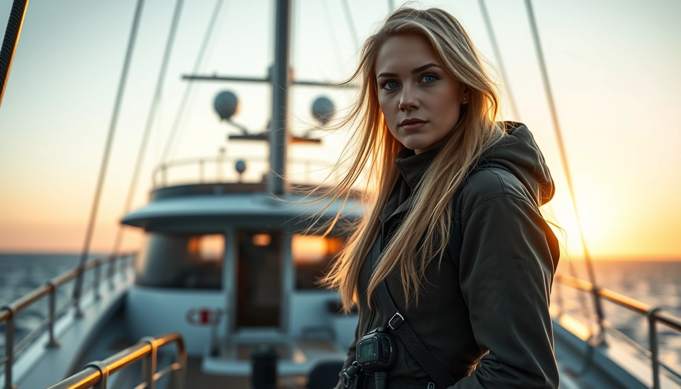 Hyper-realistic full body photograph of Ella standing on the deck of a yacht. Ella is a beautiful woman with long blonde hair flowing in a gentle sea breeze, and striking blue eyes filled with determination. She's wearing practical, slightly worn sailing attire suitable for a challenging journey - perhaps a fitted waterproof jacket, sturdy pants, and durable boots. Her posture exudes confidence and readiness, with one hand resting on the yacht's railing and the other holding a high-tech navigation device. The background shows a futuristic yet weathered yacht, with the vast ocean and a sunset sky visible behind her. Ella's expression is focused and resolute, reflecting her role as a leader. Style: hyper-photorealism, cinematic quality, dramatic lighting from the setting sun, high-detail textures on clothing and skin, depth of field emphasizing Ella while keeping the background slightly soft. Shot on Sony FX6 with settings: f/2.8 aperture for a balance between subject focus and environmental context. 8K resolution, ultra-detailed, utilizing the rich color science and dynamic range of the Sony FX6. No animated image, no anime style, no distortion. Purely photorealistic representation. - Image