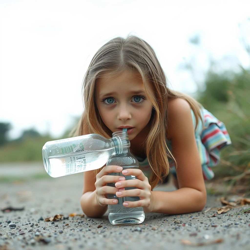 a teen girl with bueatiful eyes drinks water on the ground.