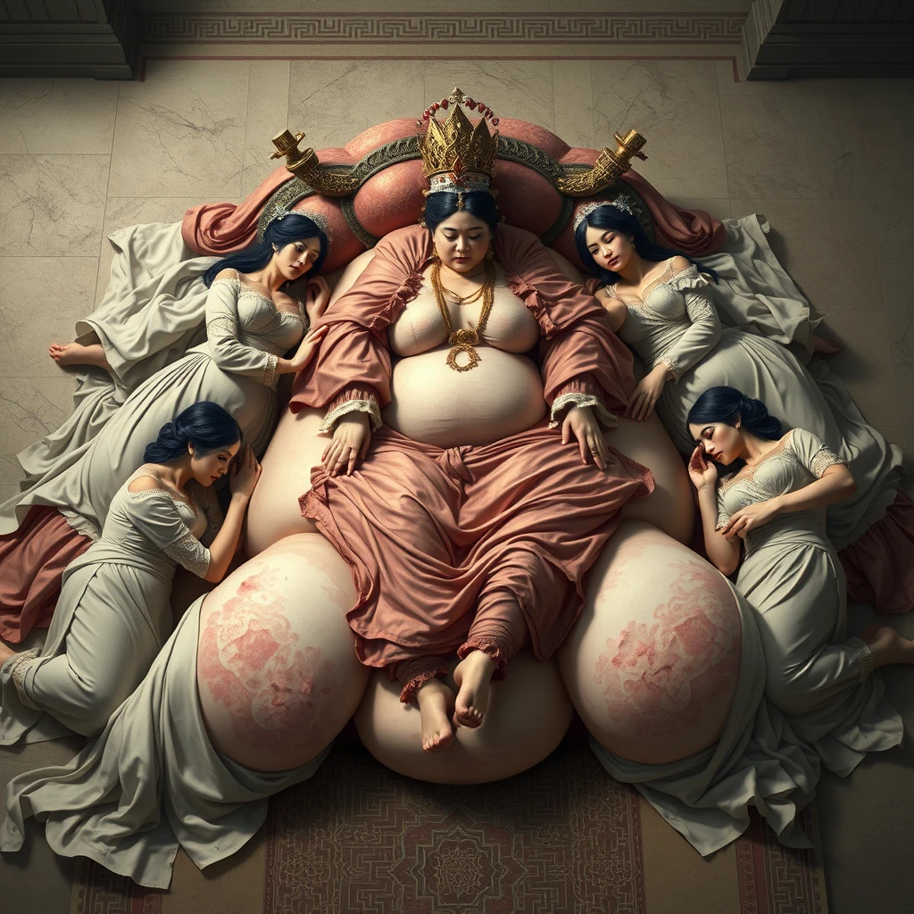 A group of palace maids lay down, using their bodies to form a large bed of flesh, while the plump empress rests on top of them.