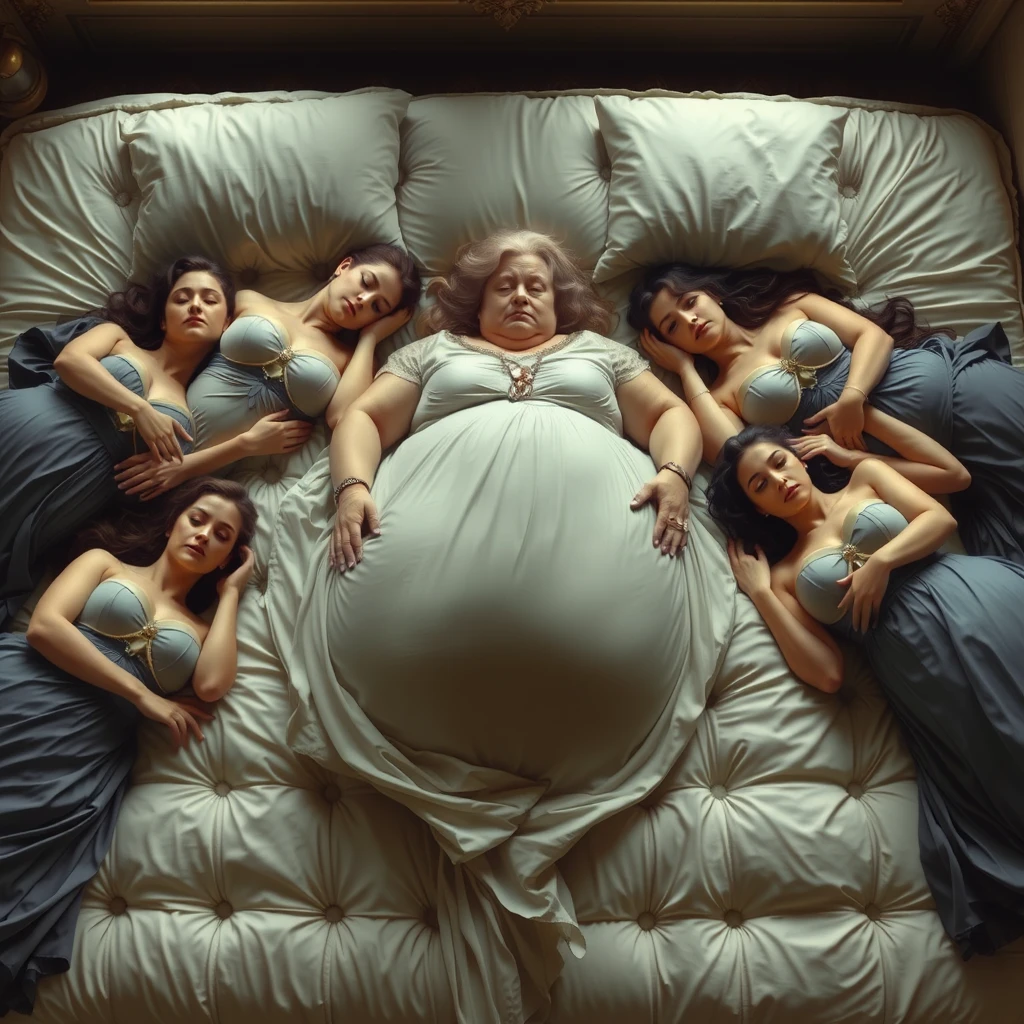 A group of palace maids lay down, using their ample breasts and bodies to form a human mattress, while the plump queen rested on top.