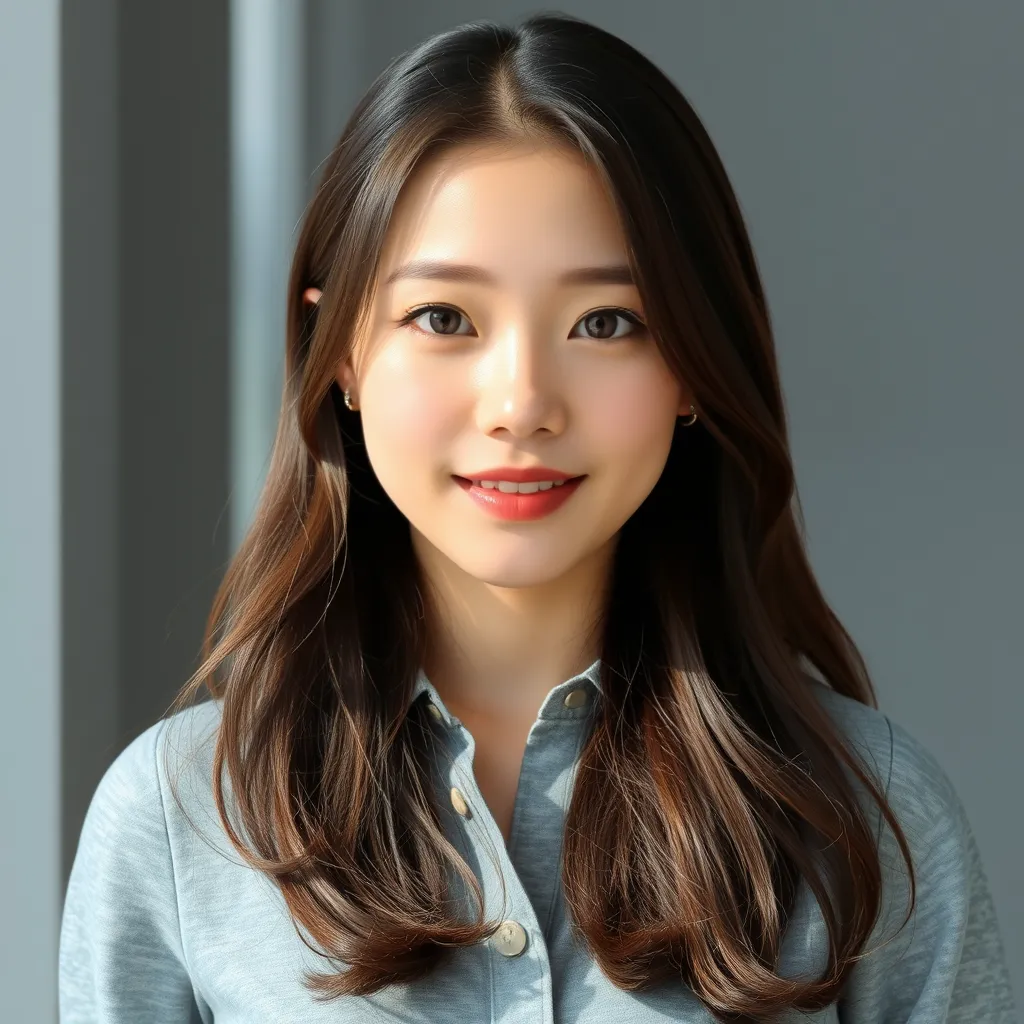 A beautiful Korean woman, Ulzzang, wearing a gray shirt, K-pop, beauty standard.